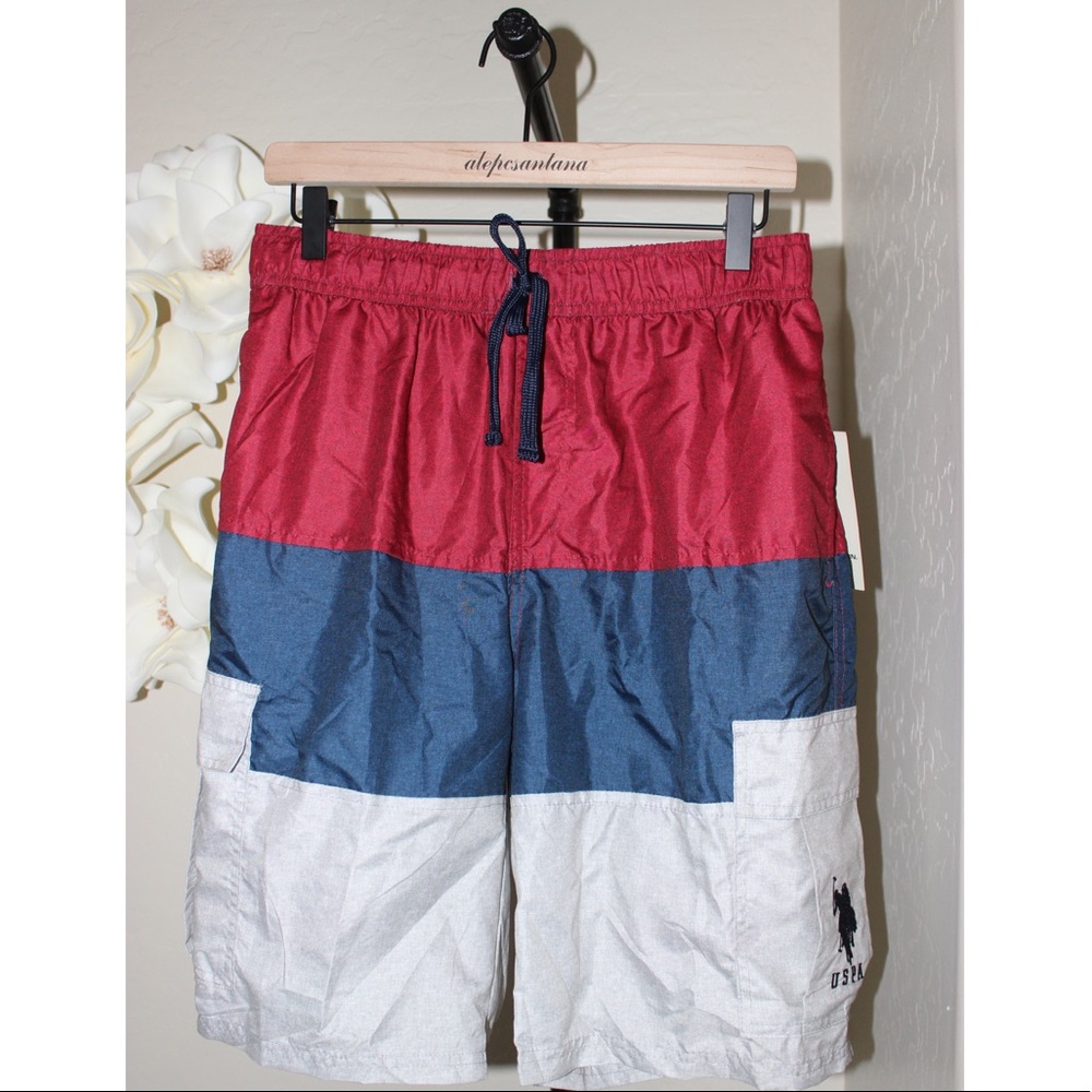 NWT U.S. Polo Assn. Red Blue and Gray Swim Trunks